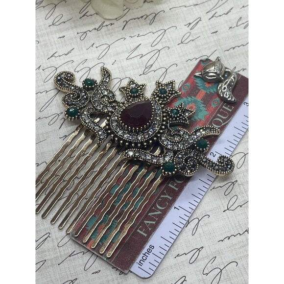 Vintage Style Victorian Ruby Emerald Rhinestone Hair Comb Gold Medieval 3 inch l - Picture 6 of 8